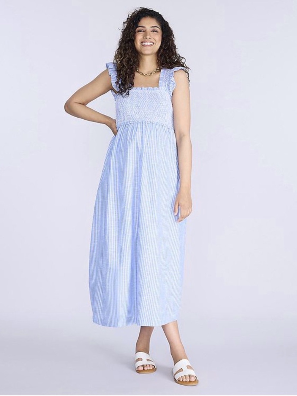 Motherhood Maternity Light Blue Striped Smocked Midi Dress